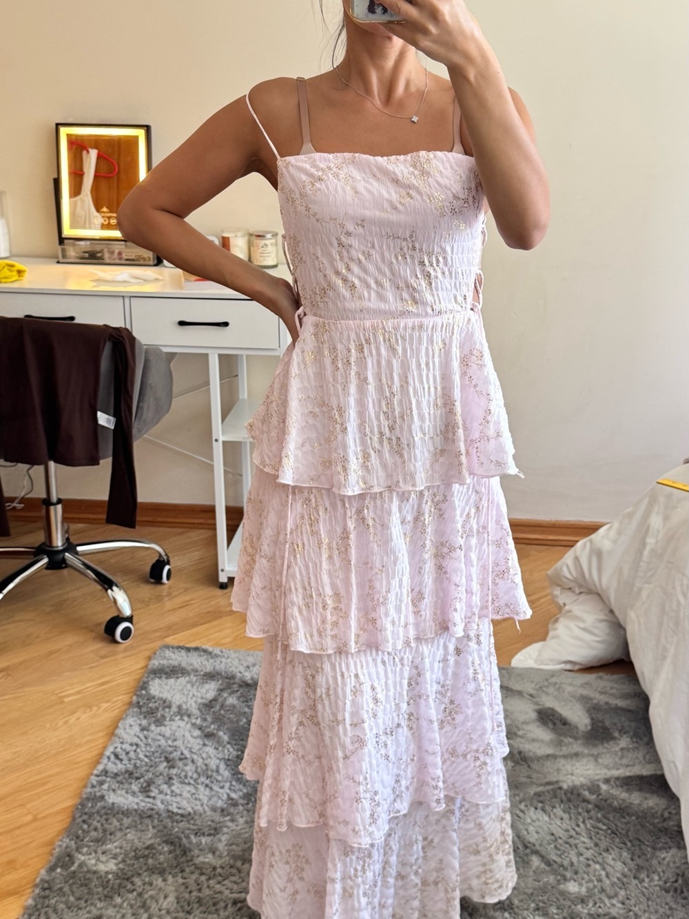 Lucy in the Sky Pale Blush Tiered Lace Maxi Dress with Gold Threading
